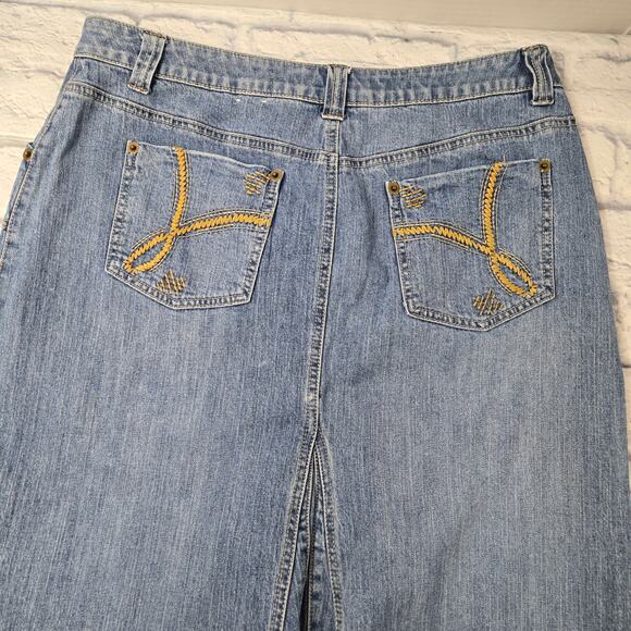 Vintage Fashion Bug Maxi Denim Skirt Modest Embroidered Pockets Back Pleat sz 12 - Picture 10 of 12